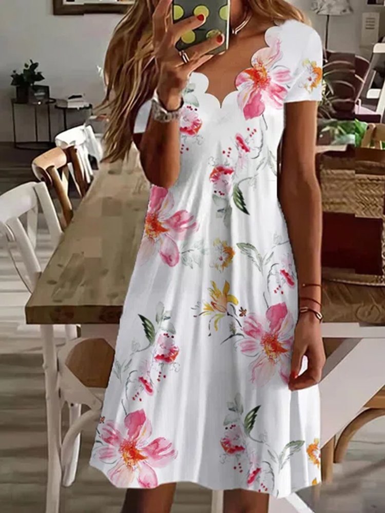 Scallop Neck Floral Vacation Midi Dresses-serendiple.com