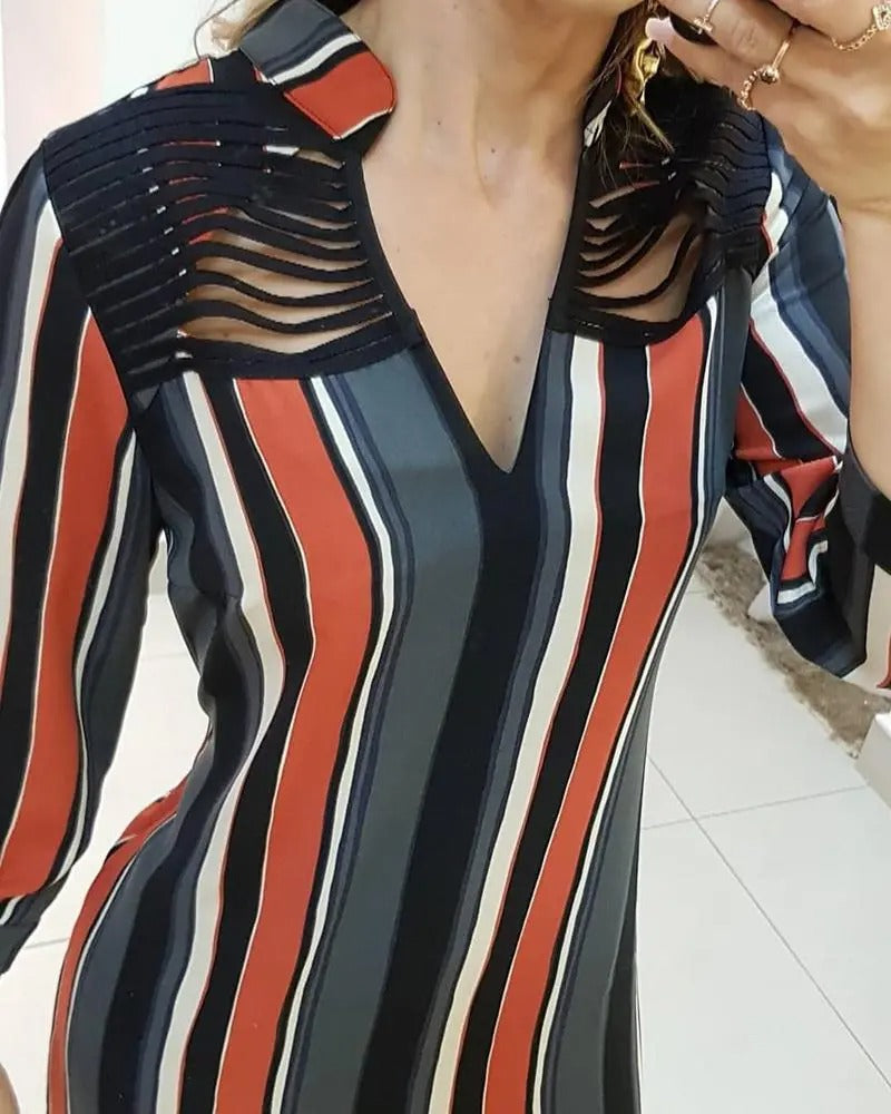 Striped Tassels Insert Tie Sleeve Shirt Dress-serendiple.com