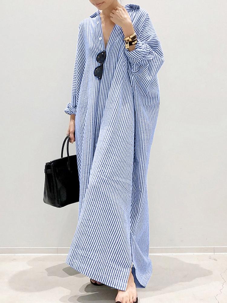 Puff Sleeve Stripe Printed Casual Maxi Dress-serendiple.com
