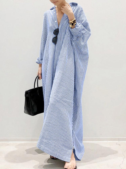 Puff Sleeve Stripe Printed Casual Maxi Dress-serendiple.com