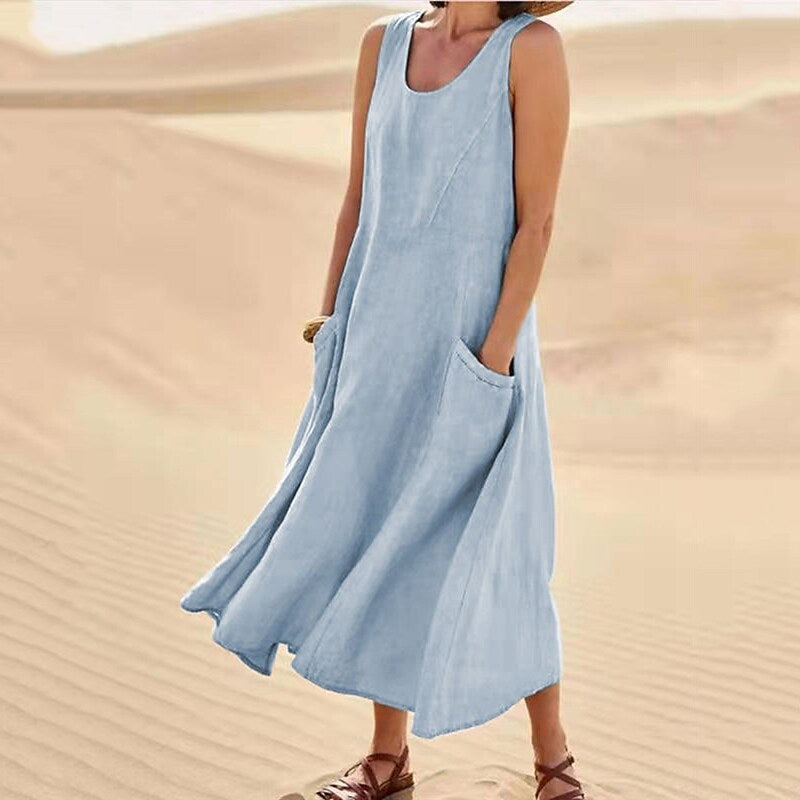 Women's Sleeveless Cotton And Linen Dress-serendiple.com