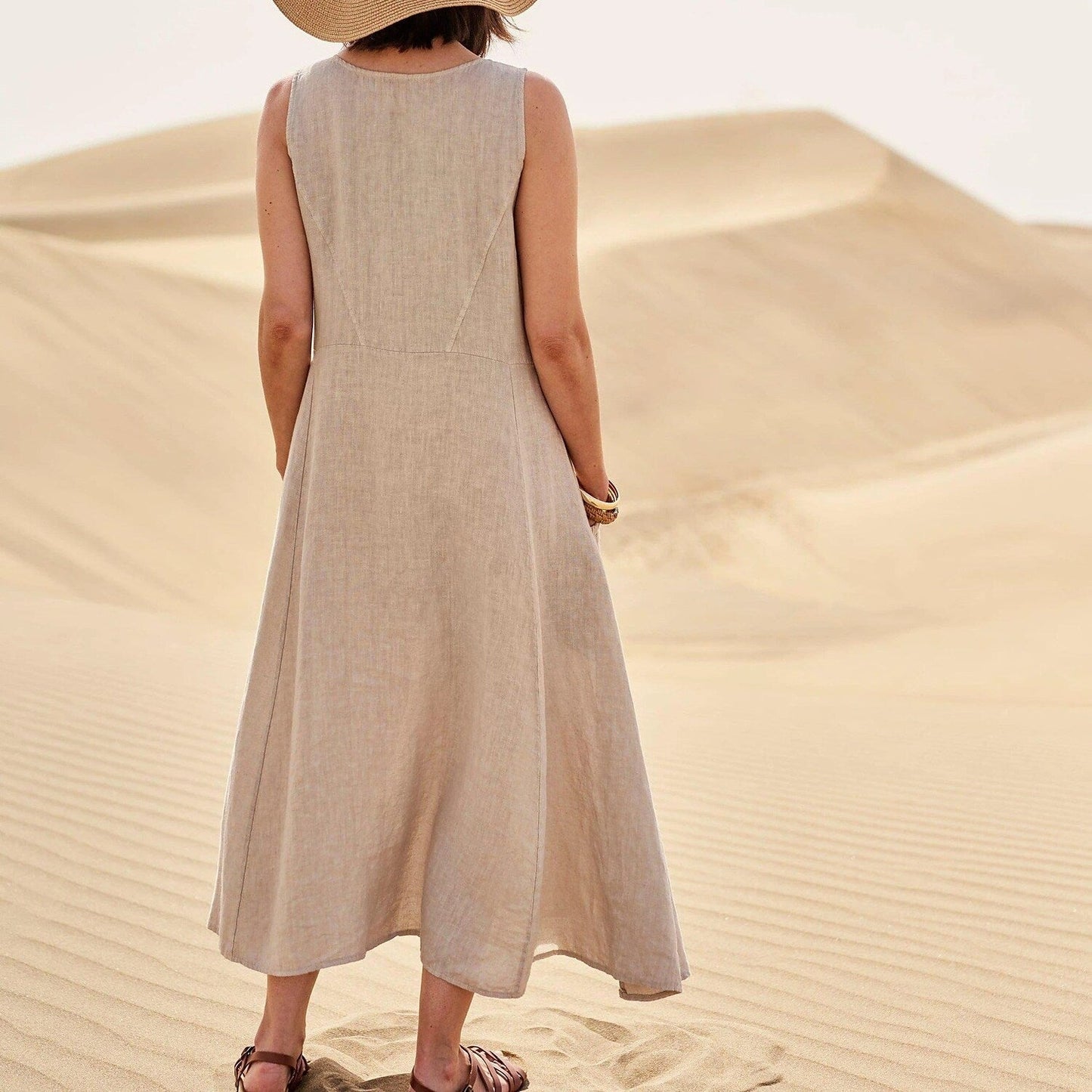 Women's Sleeveless Cotton And Linen Dress-serendiple.com