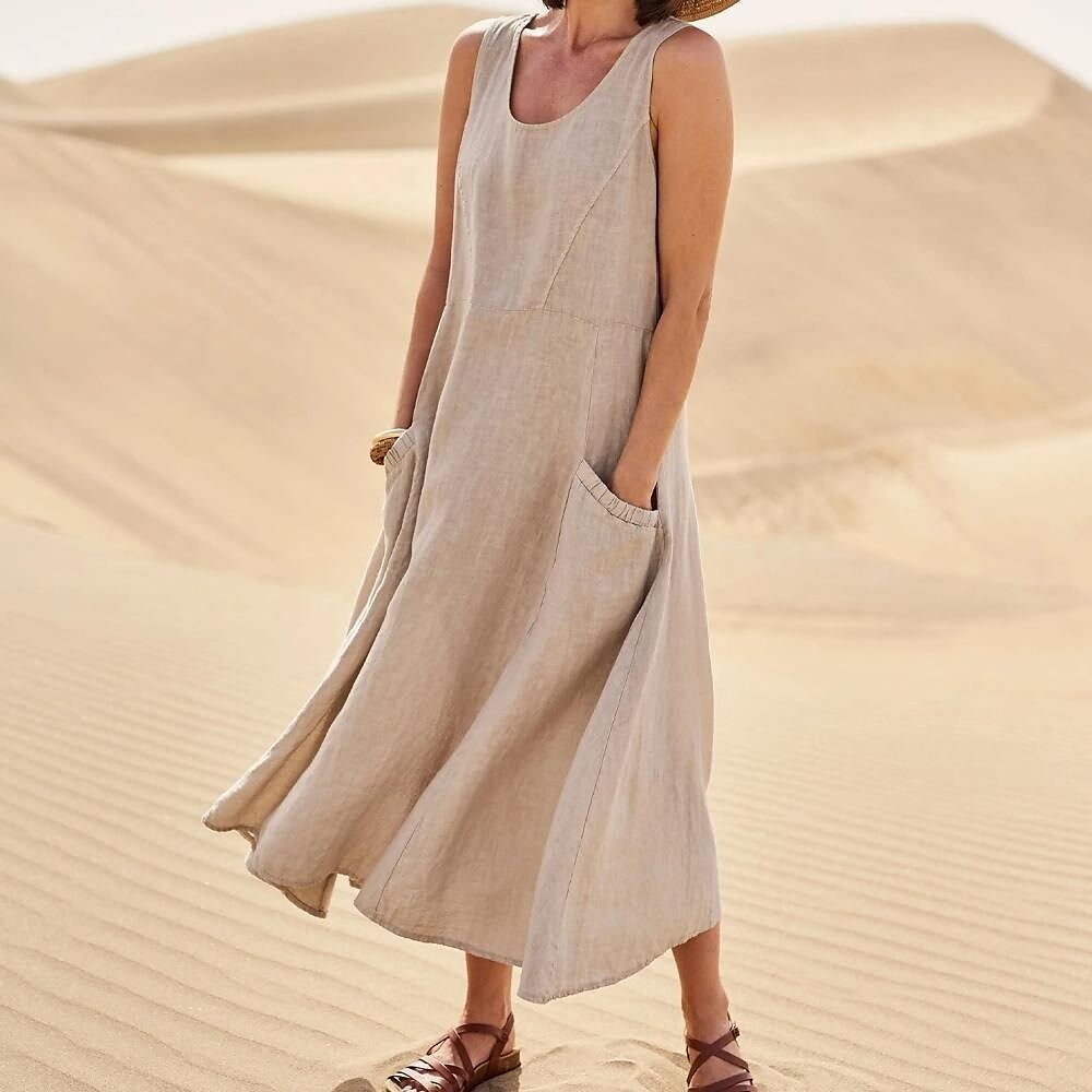 Women's Sleeveless Cotton And Linen Dress-serendiple.com