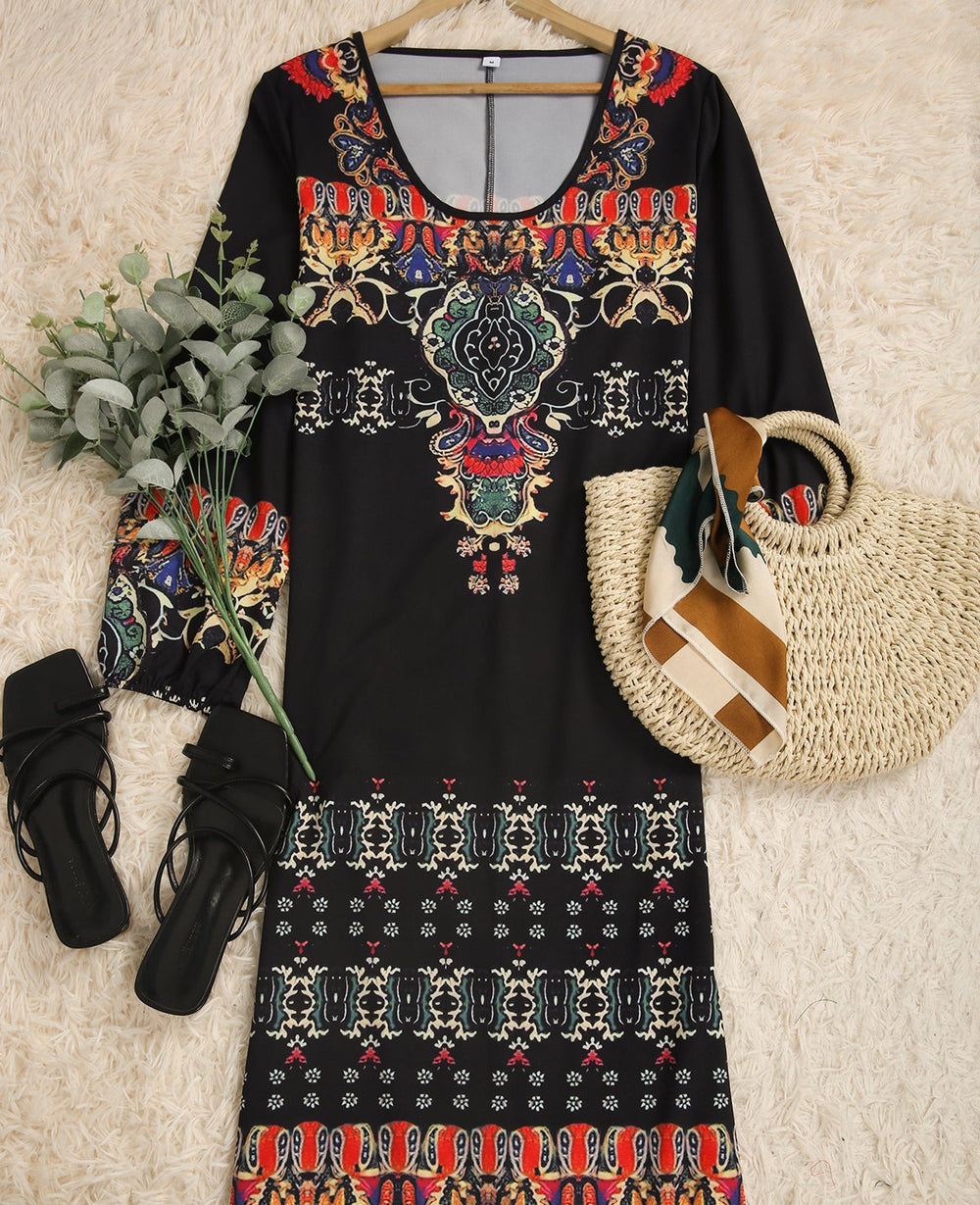 Vintage Print Long Sleeved Prairie Maxi Dress-serendiple.com