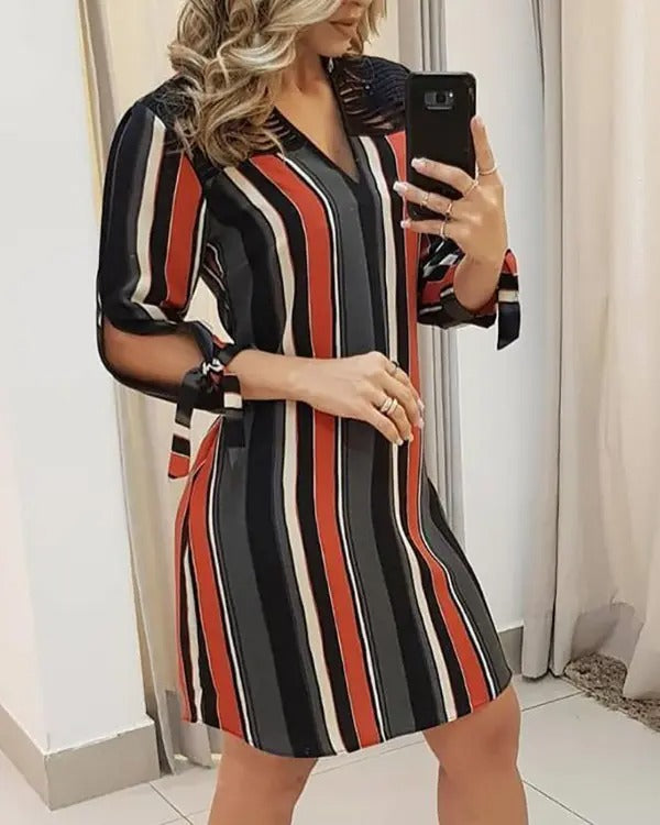 Striped Tassels Insert Tie Sleeve Shirt Dress-serendiple.com