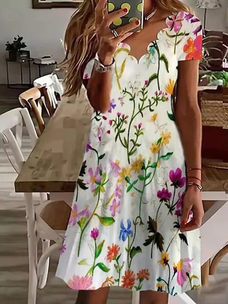Scallop Neck Floral Vacation Midi Dresses-serendiple.com